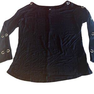 Berek Women's Black Boatneck Cold Shoulder Top rhinestone Grommet Long Sleeve